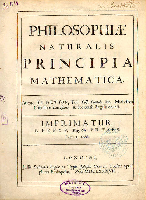 Bìa quyển sách Philosophiae Naturalis Principia Mathematica (Các nguyên lý toán học trong triết học tự nhiên) xuất bản năm 1687 Bìa quyển sách Philosophiae Naturalis Principia Mathematica