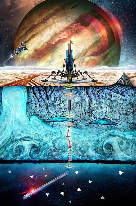 Ảnh đồ họa mô tả cryobot đang thả các SWIM xuống đại dương ngoài hành tinh