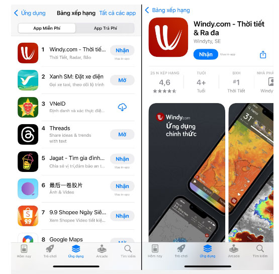 Windy trở thành ứng dụng miễn phí được tải về nhiều nhất trên nền tảng iOS ở Việt Nam